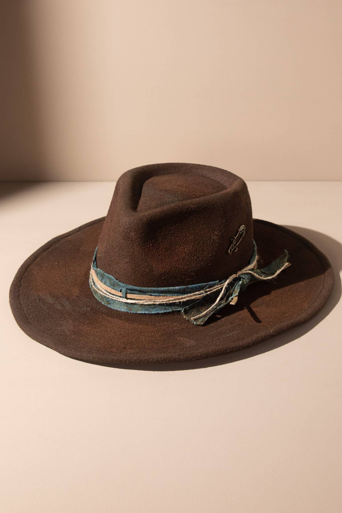 Vintage Versatile Shapeable Cowgirl & Fedora Hat with Teal Band and Faux Leather Accent - Polyester, One Size, Brown