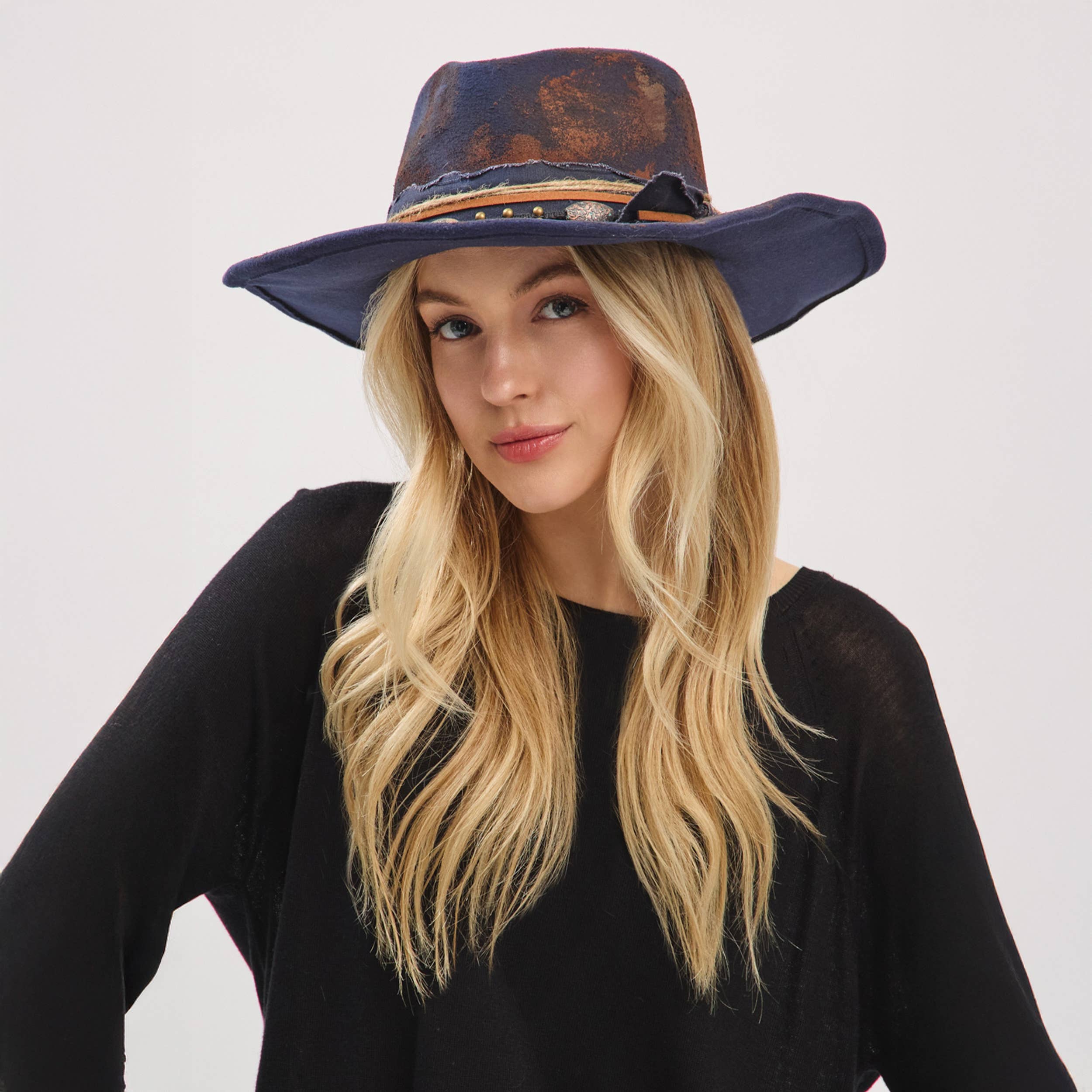 Distressed Fabric Multi Band Cowgirl Fedora Hat