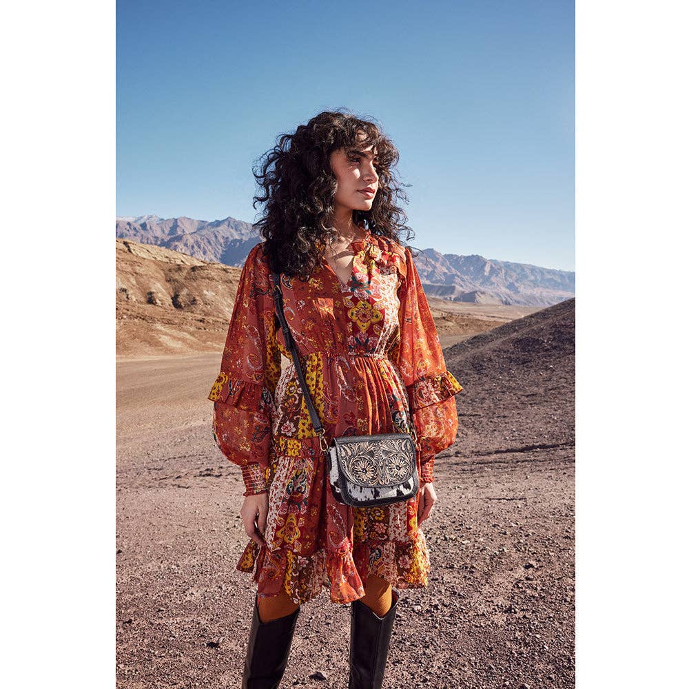 Myra Hand-Tooled Crossbody with Hairon Cowhide