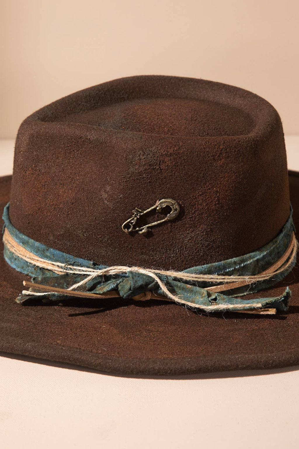 Vintage Versatile Shapeable Cowgirl & Fedora Hat with Teal Band and Faux Leather Accent - Polyester, One Size, Brown