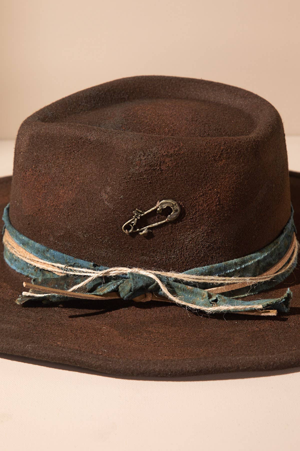 Vintage Versatile Shapeable Cowgirl & Fedora Hat with Teal Band and Faux Leather Accent - Polyester, One Size, Brown