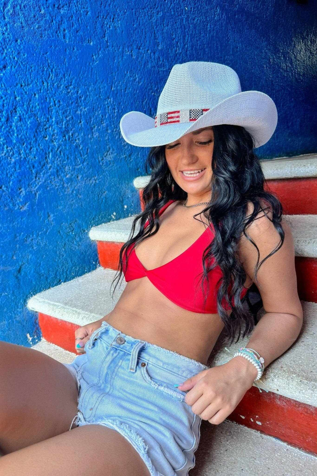 CBC0030 Fairhope Rhinestone American Flag Band Straw Cowboy Hat