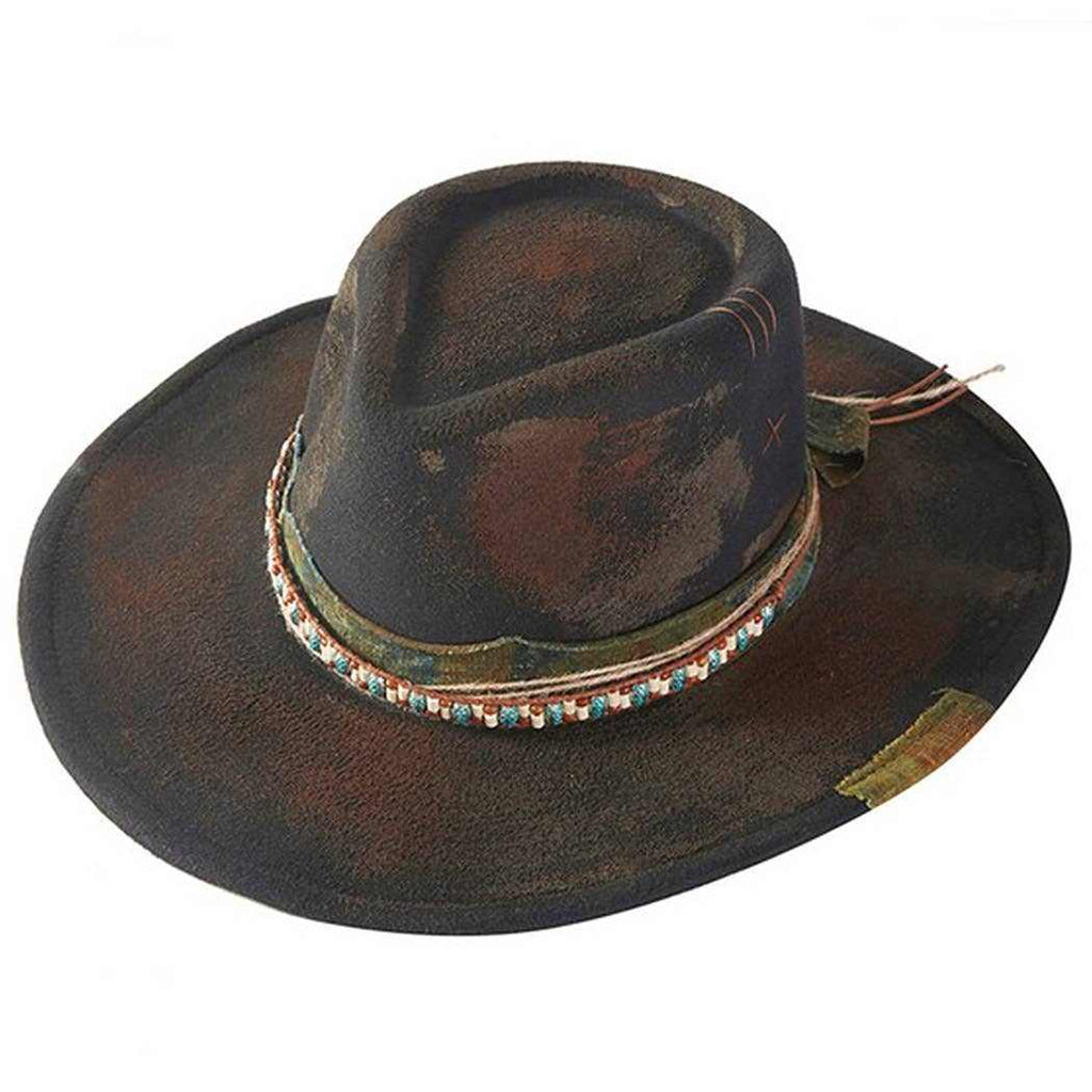 Vintage versatile shapeable cowgirl and fedora hat with distressed fabric band and decorative bow
