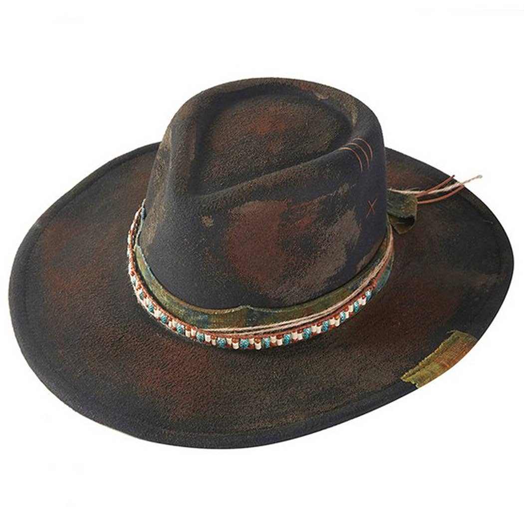 Vintage versatile shapeable cowgirl and fedora hat with distressed fabric band and decorative bow