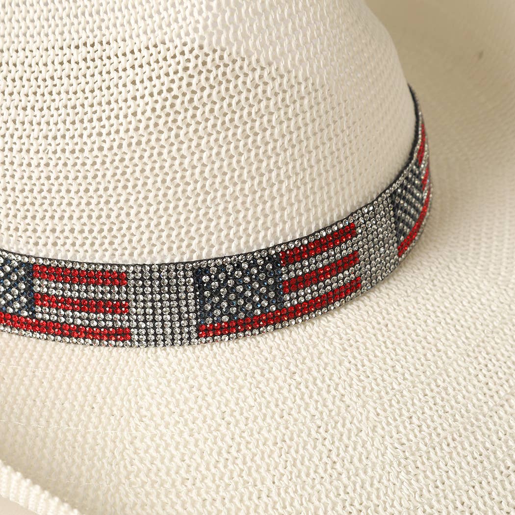 American Flag Rhinestone Band Straw Cowboy Adjustable Hat