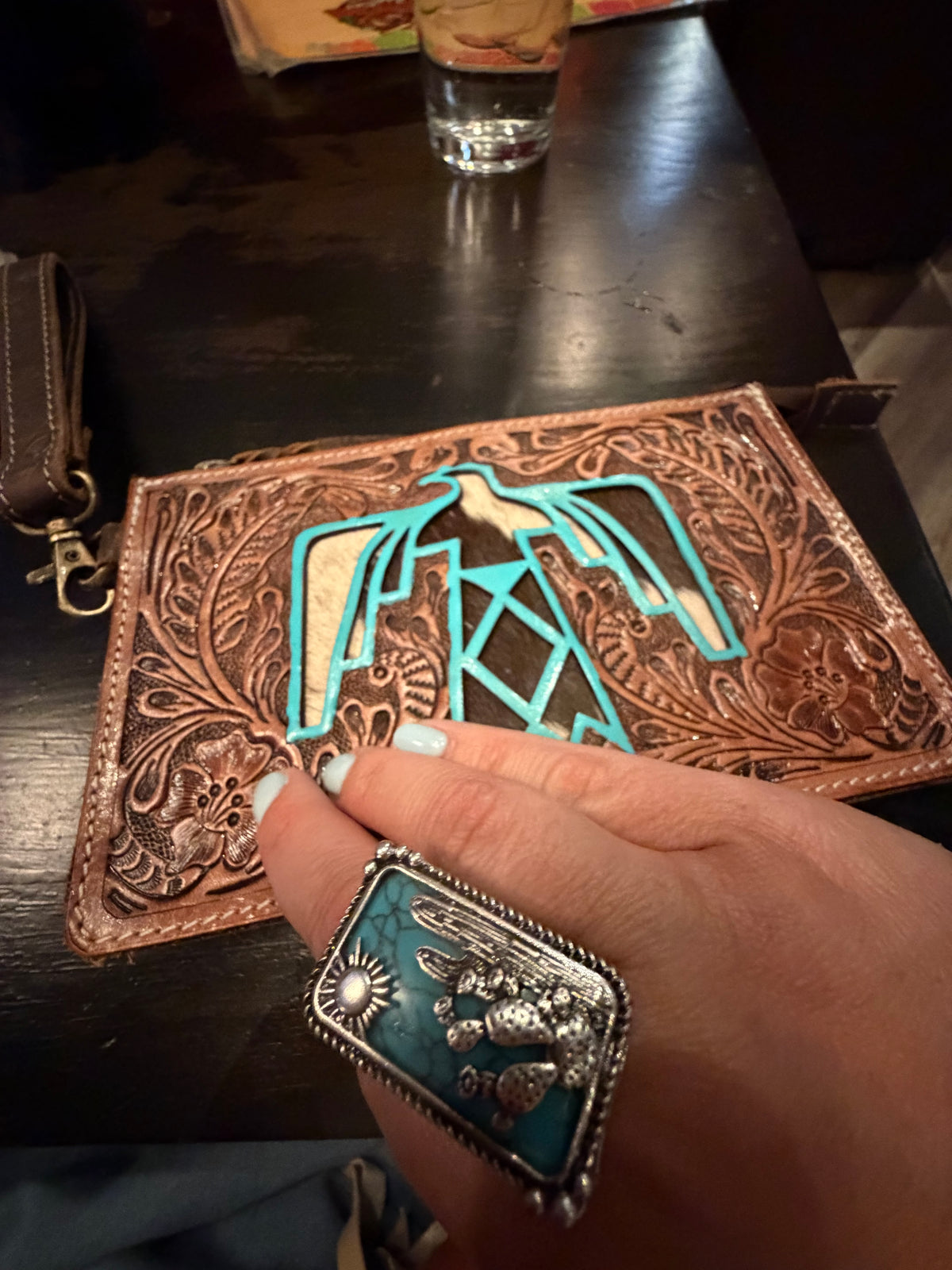 Boho Ranch Shop Genuine Leather Hairon Cowhide Thunderbird Wristlet| Western Hand Tooled Leather