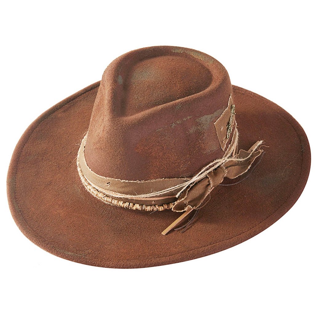 Distressed Fabric Band Rustic Cowgirl Fedora Hat