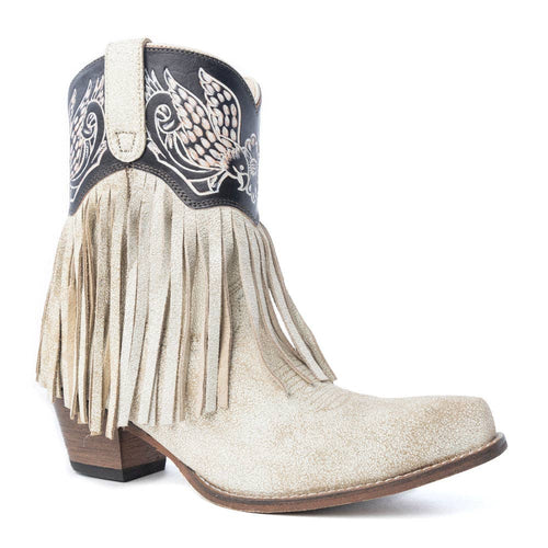 Cream leather ankle booties featuring cascading fringe and angel wing embroidery on the shaft. Snip toe design.