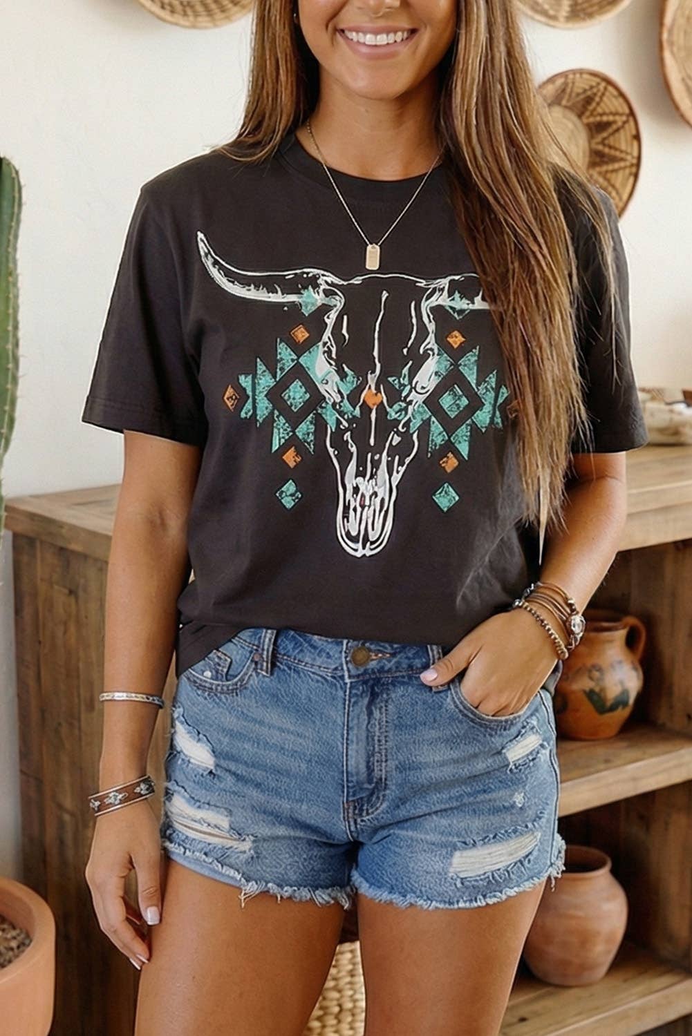 LDC Vintage Bull Skull Western Turquoise T Shirt