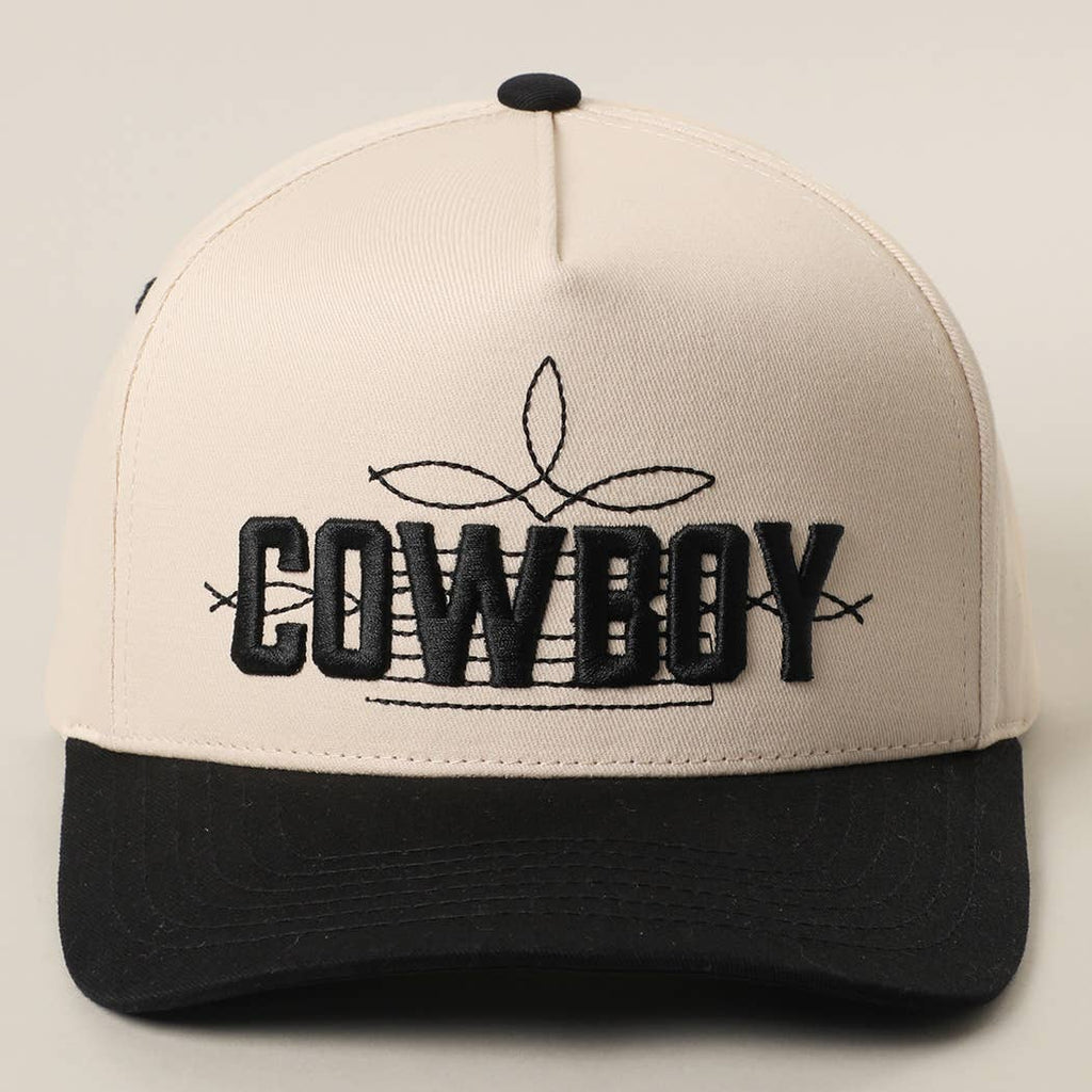 Two-tone trucker hat featuring a bold "COWBOY" 3D embroidered design with rope accents, relaxed fit, adjustable snapback.