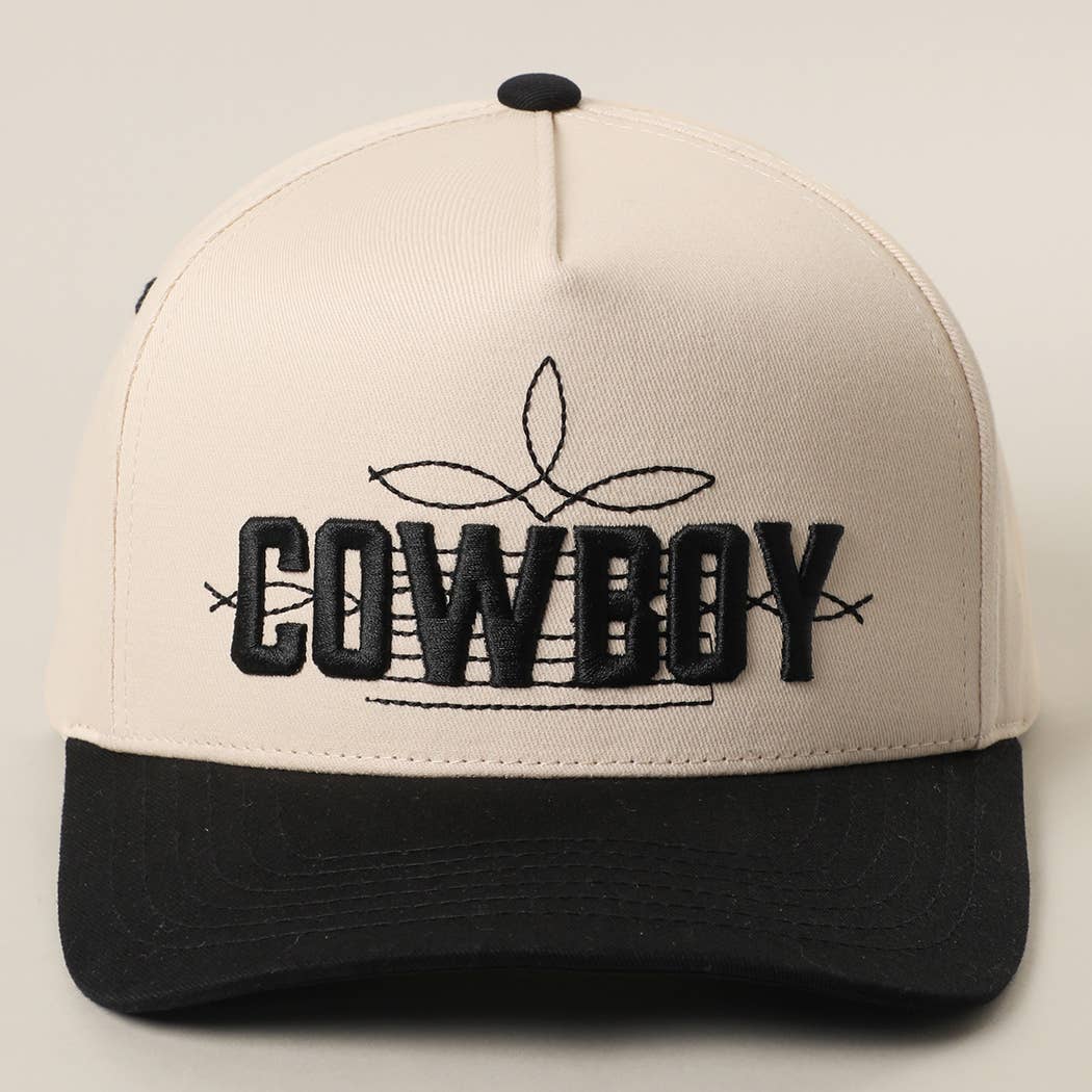 Two-tone trucker hat featuring a bold "COWBOY" 3D embroidered design with rope accents, relaxed fit, adjustable snapback.