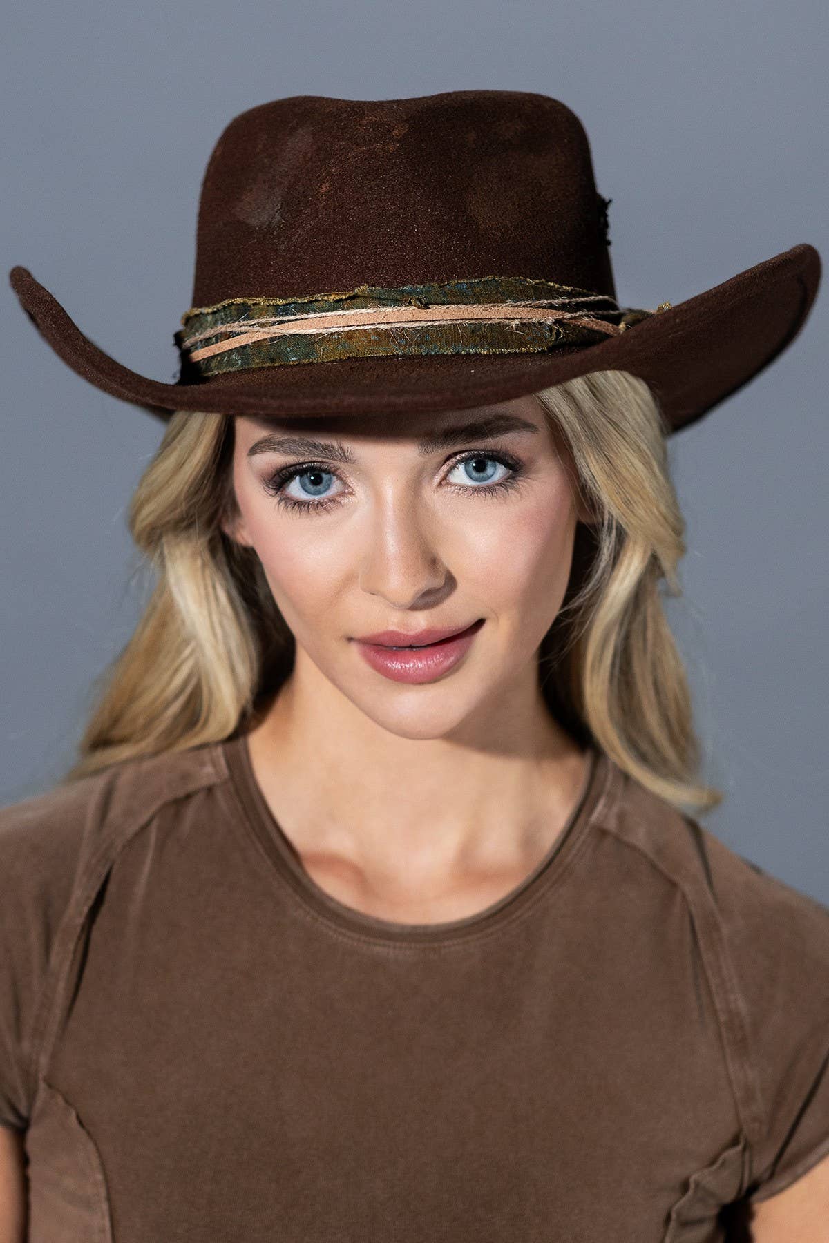 Vintage Versatile Shapeable Cowgirl & Fedora Hat with Teal Band and Faux Leather Accent - Polyester, One Size, Brown