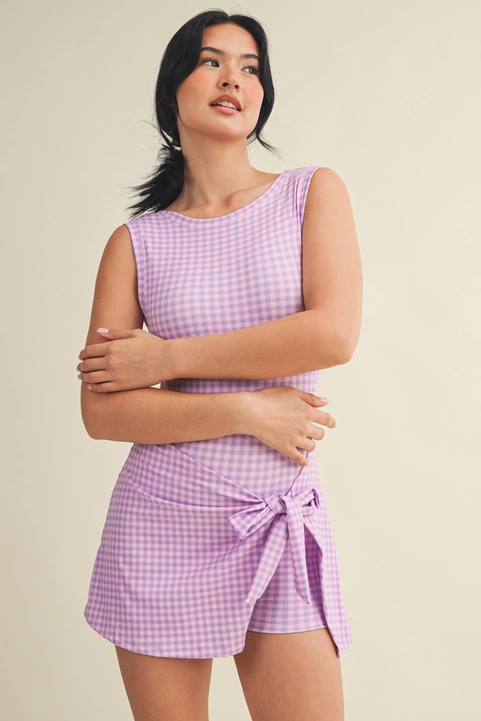 Gingham Print Sleeveless Wrap Tie Front Dress