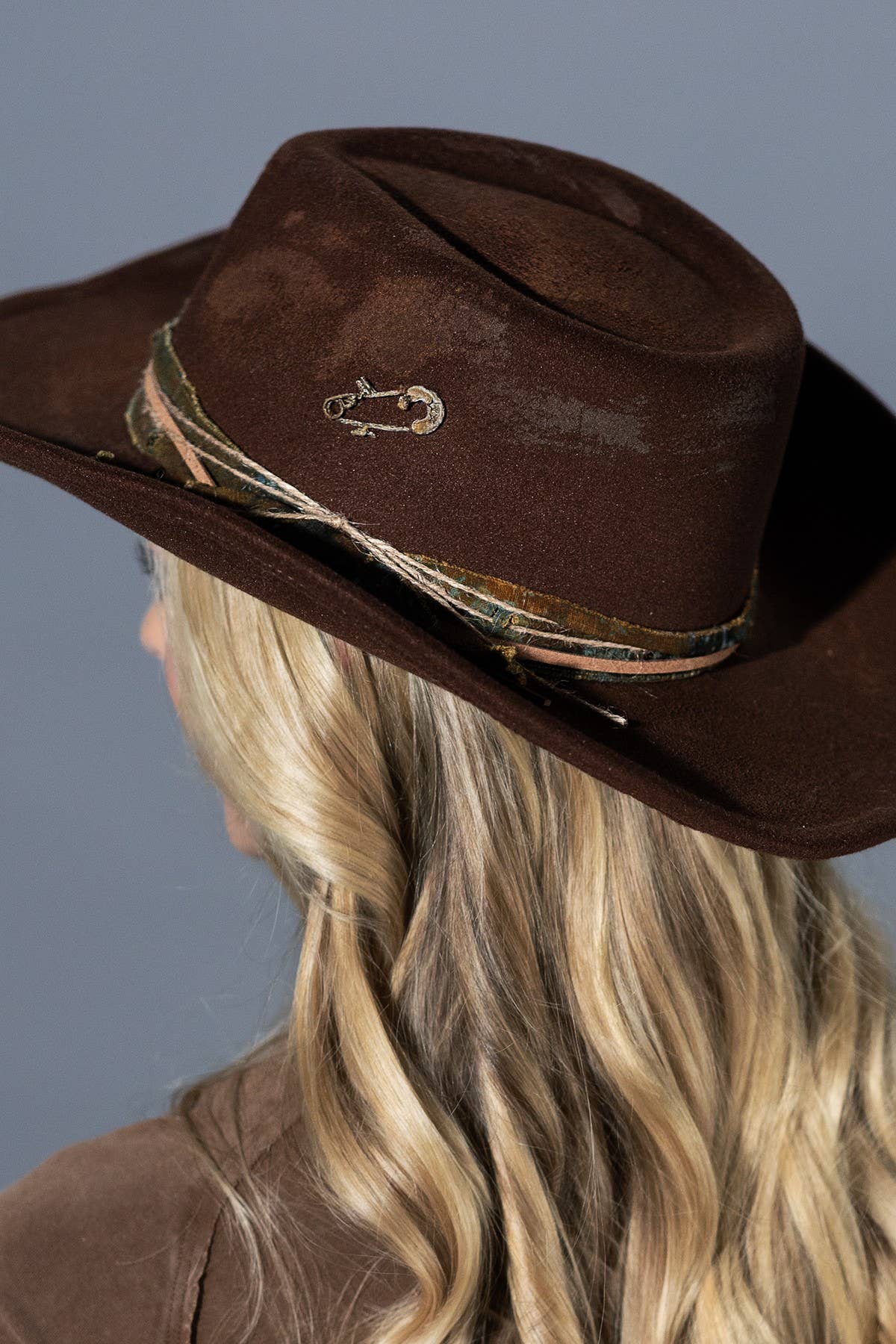 Vintage Versatile Shapeable Cowgirl & Fedora Hat with Teal Band and Faux Leather Accent - Polyester, One Size, Brown