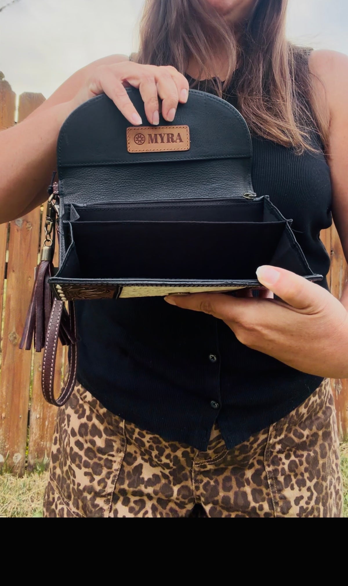 Myra Sandstone Trail Hand-Tooled Wristlet Wallet With Hairon Cowhide