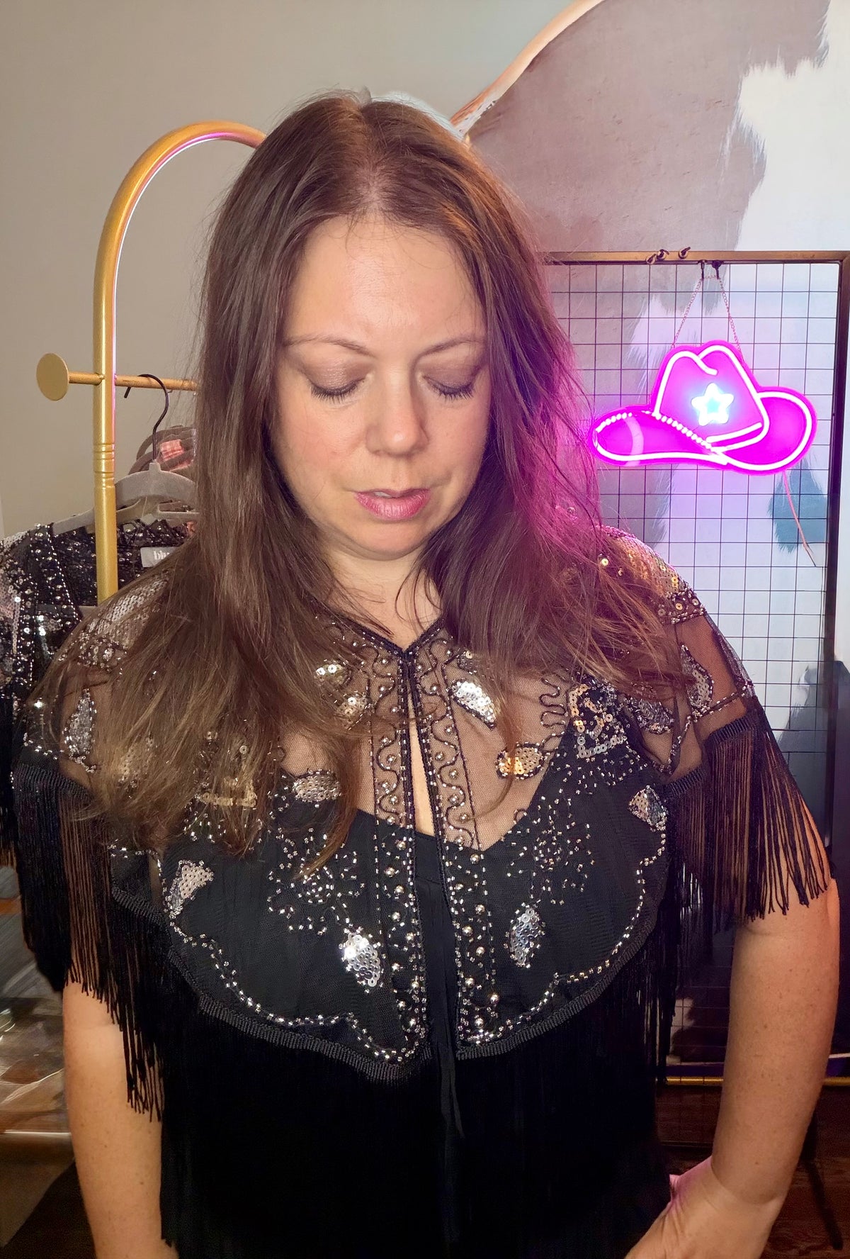 Blue B Sequin Beaded Fringe Western Boho Cape