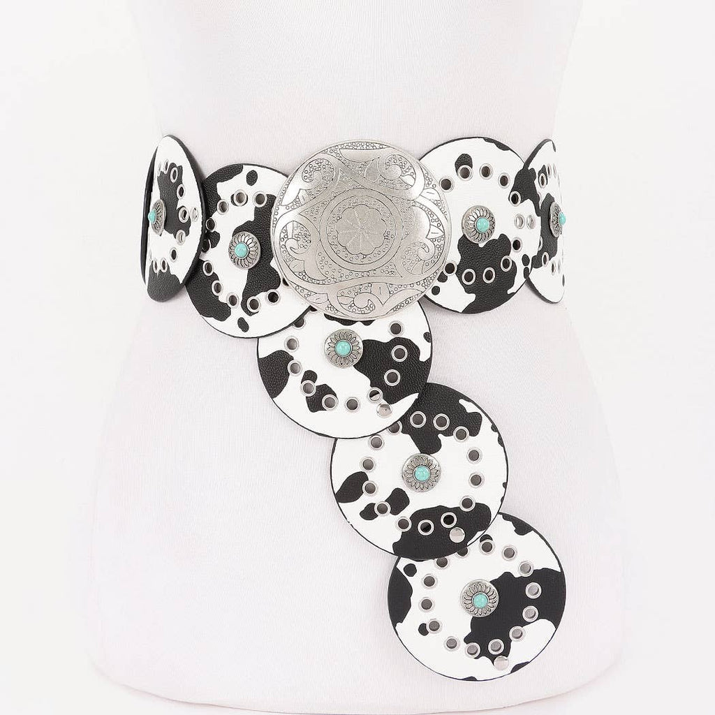 Black and white faux leather disc belt with decorative metal elements and turquoise stone accents
