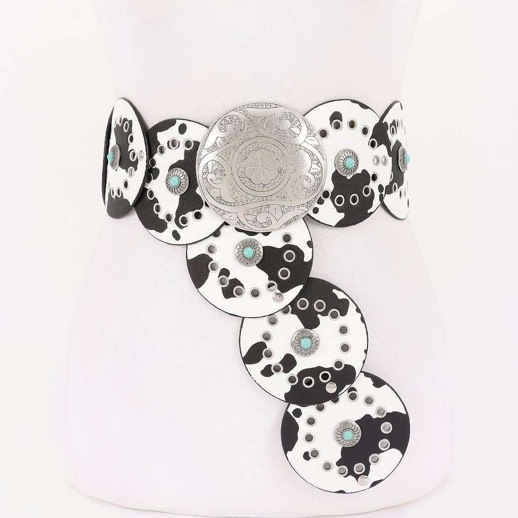 Black and white faux leather disc belt with decorative metal elements and turquoise stone accents