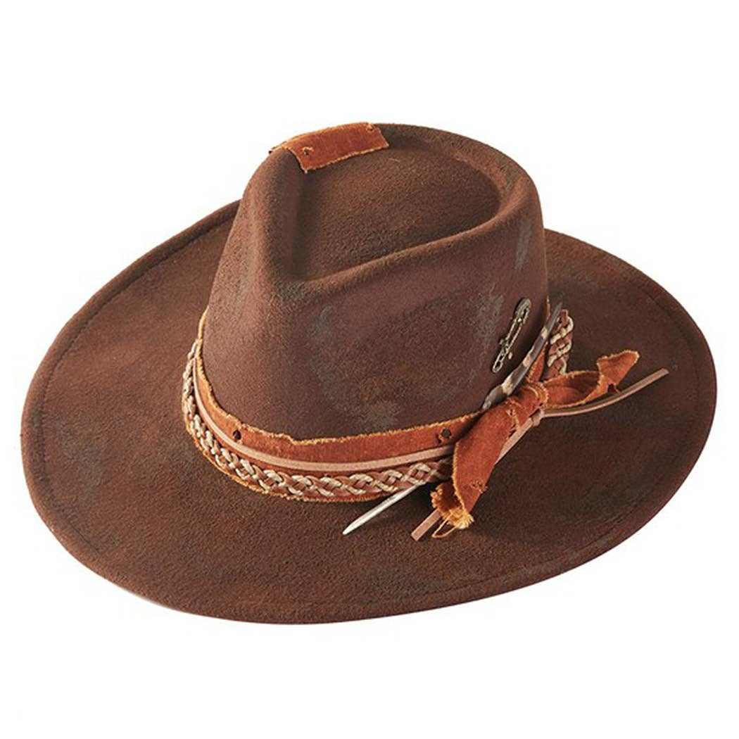 Vintage versatile shapeable cowgirl and fedora hat with feather and distressed fabric band in brown polyester