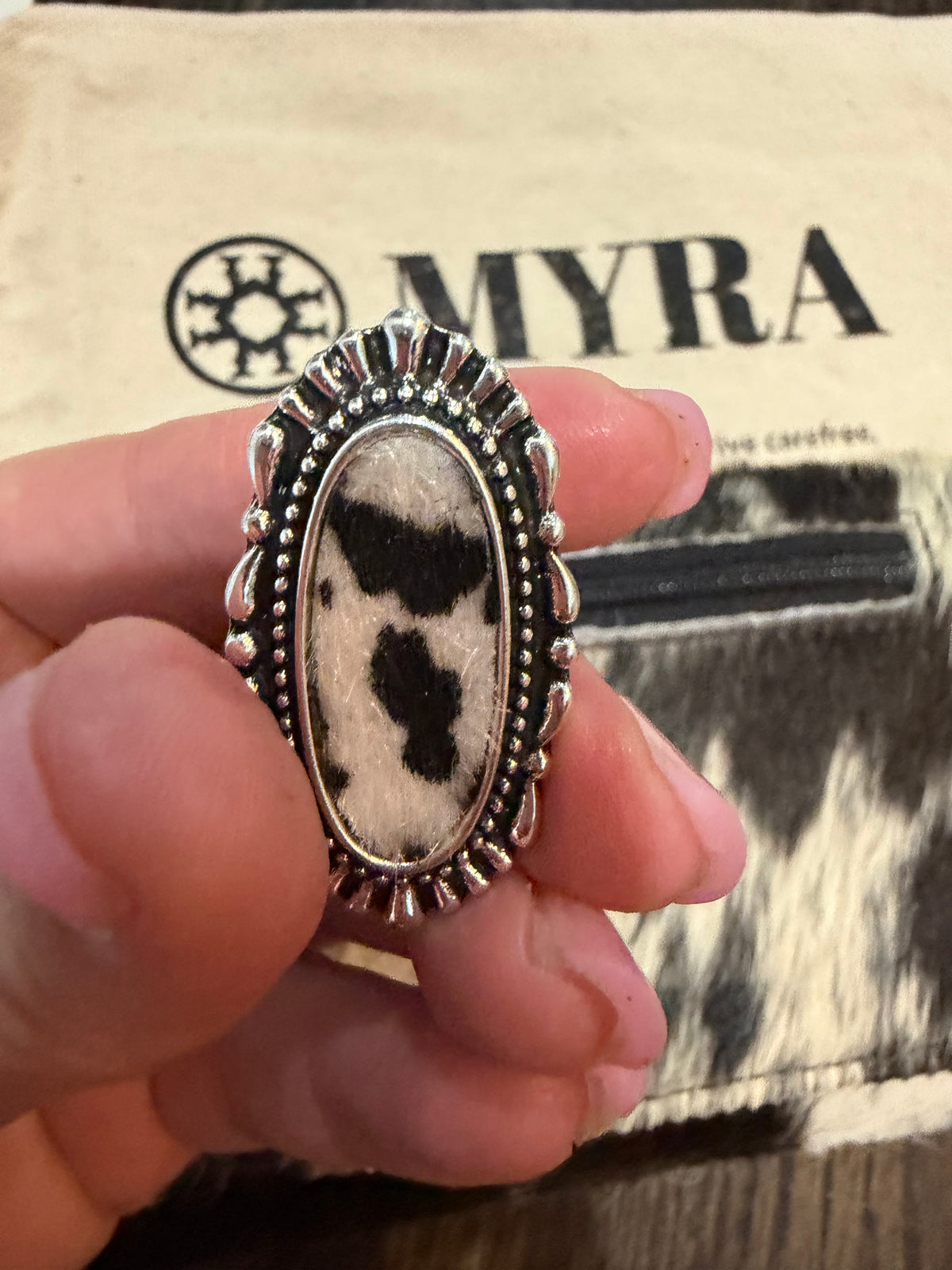 Myra Outlaw Hairon Cowhide Western Boho Statement Adjustable Ring
