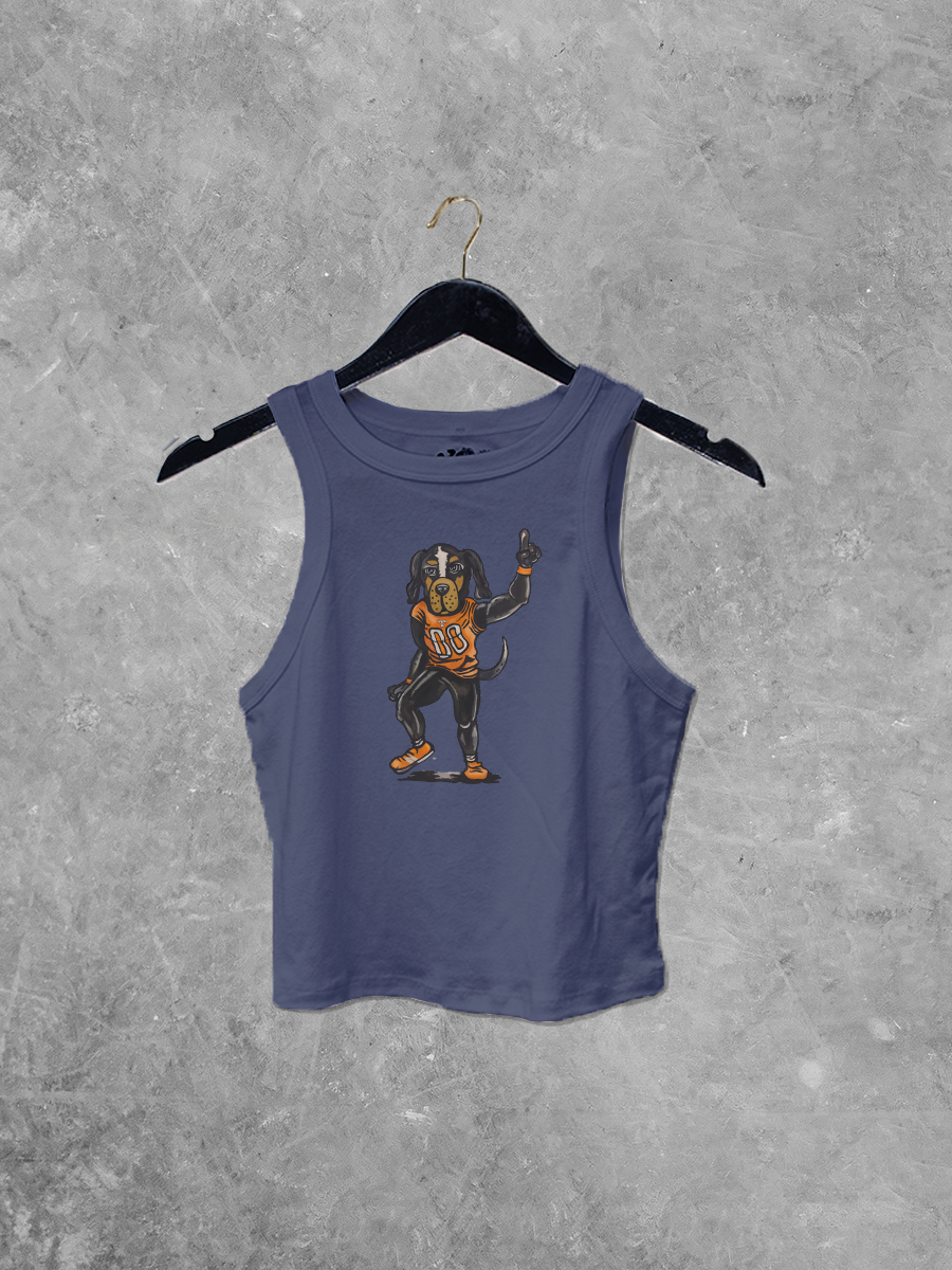 Cropped navy micro-ribbed tank featuring a hand-drawn Smokey mascot in full color, perfect for Game Days.