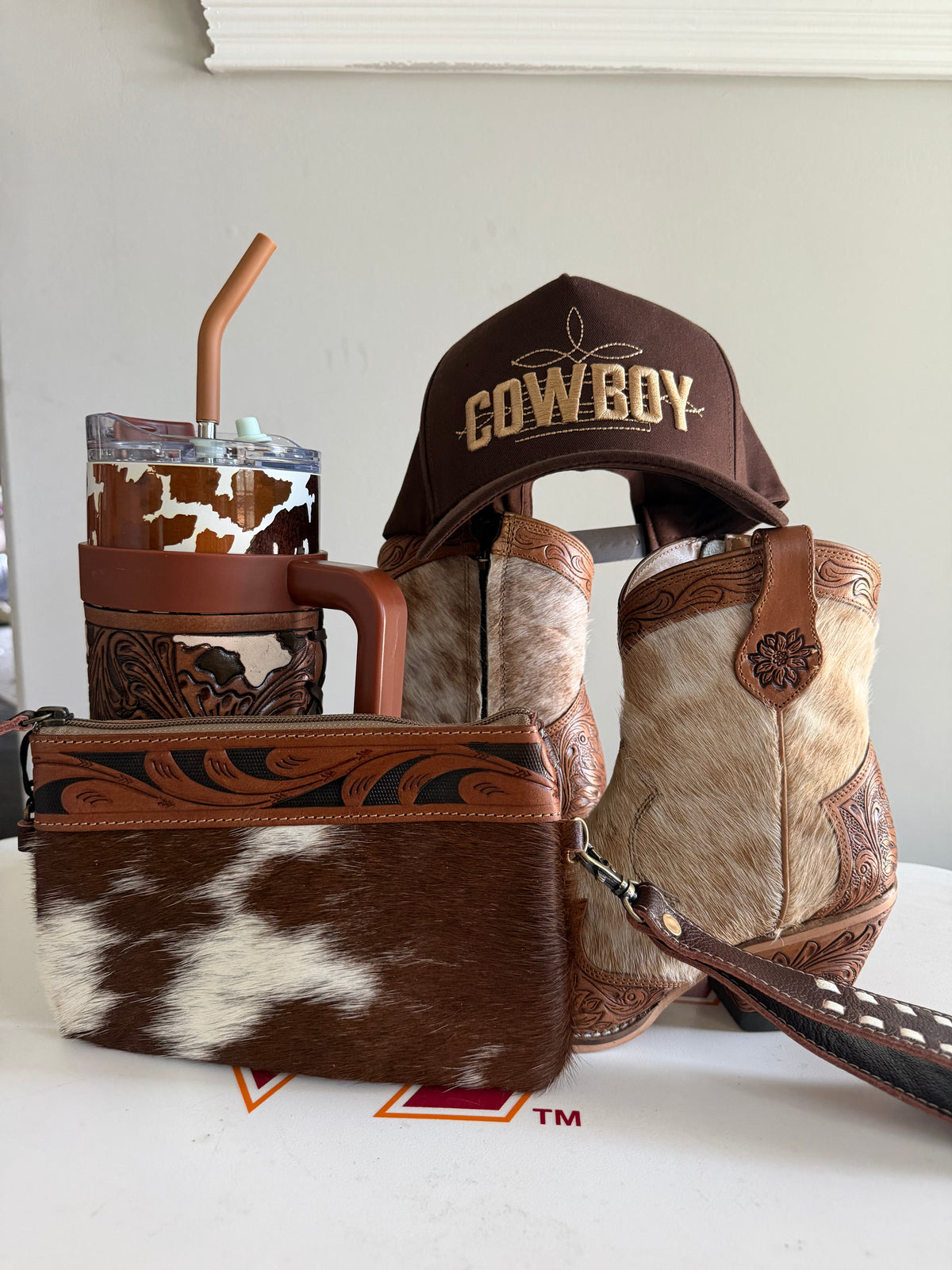 Myra Cow Print Tumbler with Leather Sleeve | Western Style