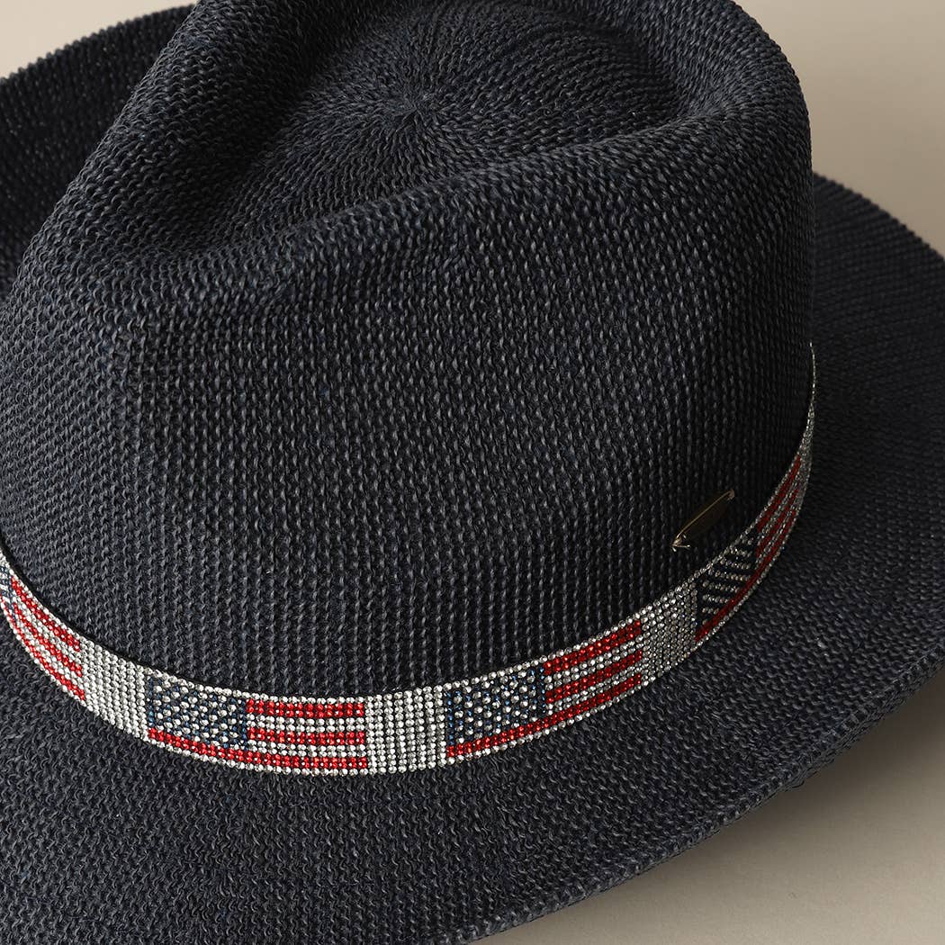 American Flag Rhinestone Band Straw Cowboy Adjustable Hat
