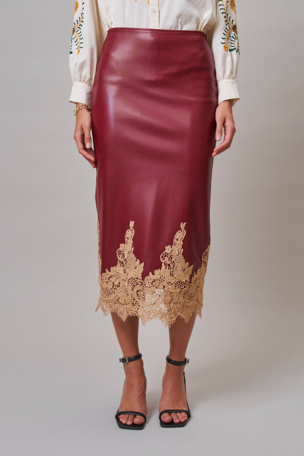 Boho Faux Leather Midi Skirt with Lace Hem (Preorder)