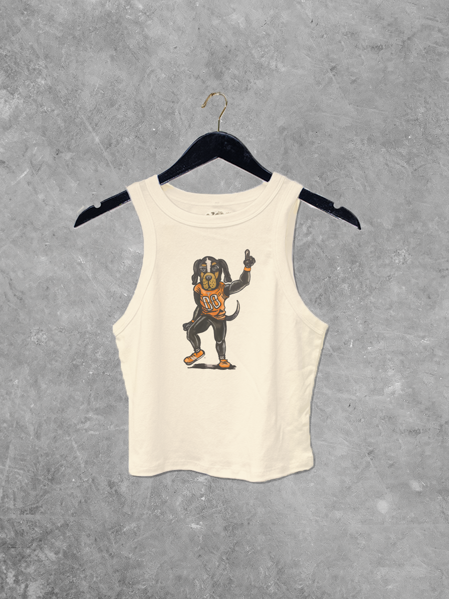 Cropped cream tank top featuring a colorful hand-drawn Smokey mascot design, perfect for game day.