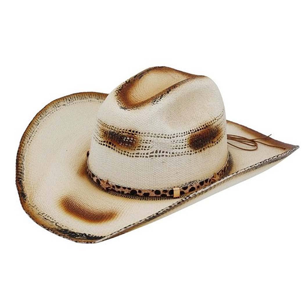 Distressed Two-Tone Cowboy Hat with Leopard-Print Star Band