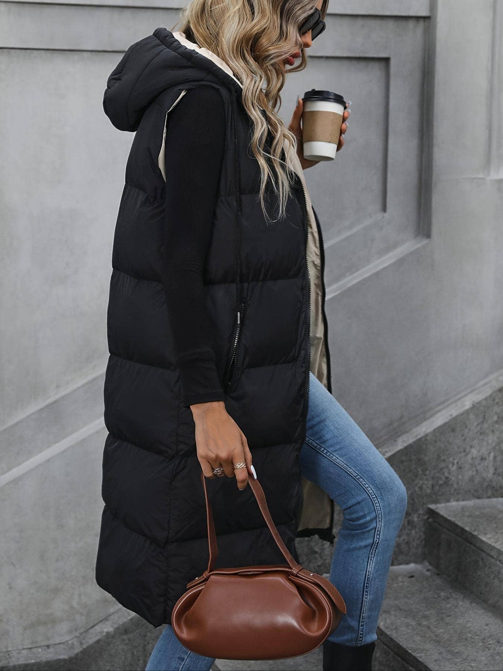 Zipper Sleeveless Hooded Long Padded Vest Jacket