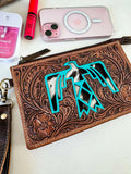 Boho Ranch Shop Genuine Leather Hairon Cowhide Thunderbird Wristlet| Western Hand Tooled Leather