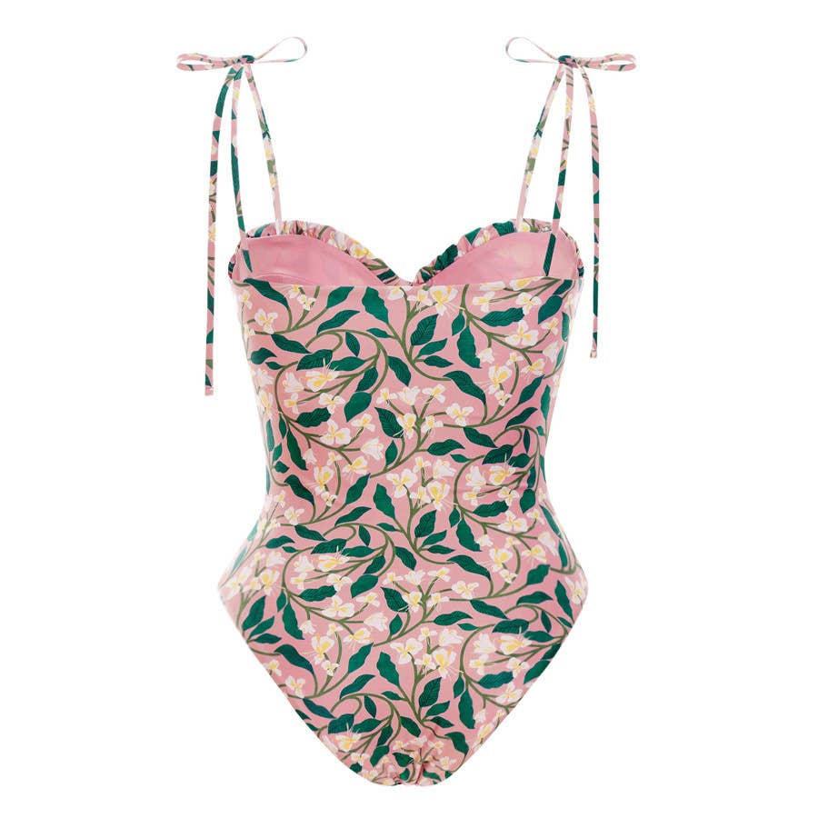Little pink floral strappy one piece swimsuit