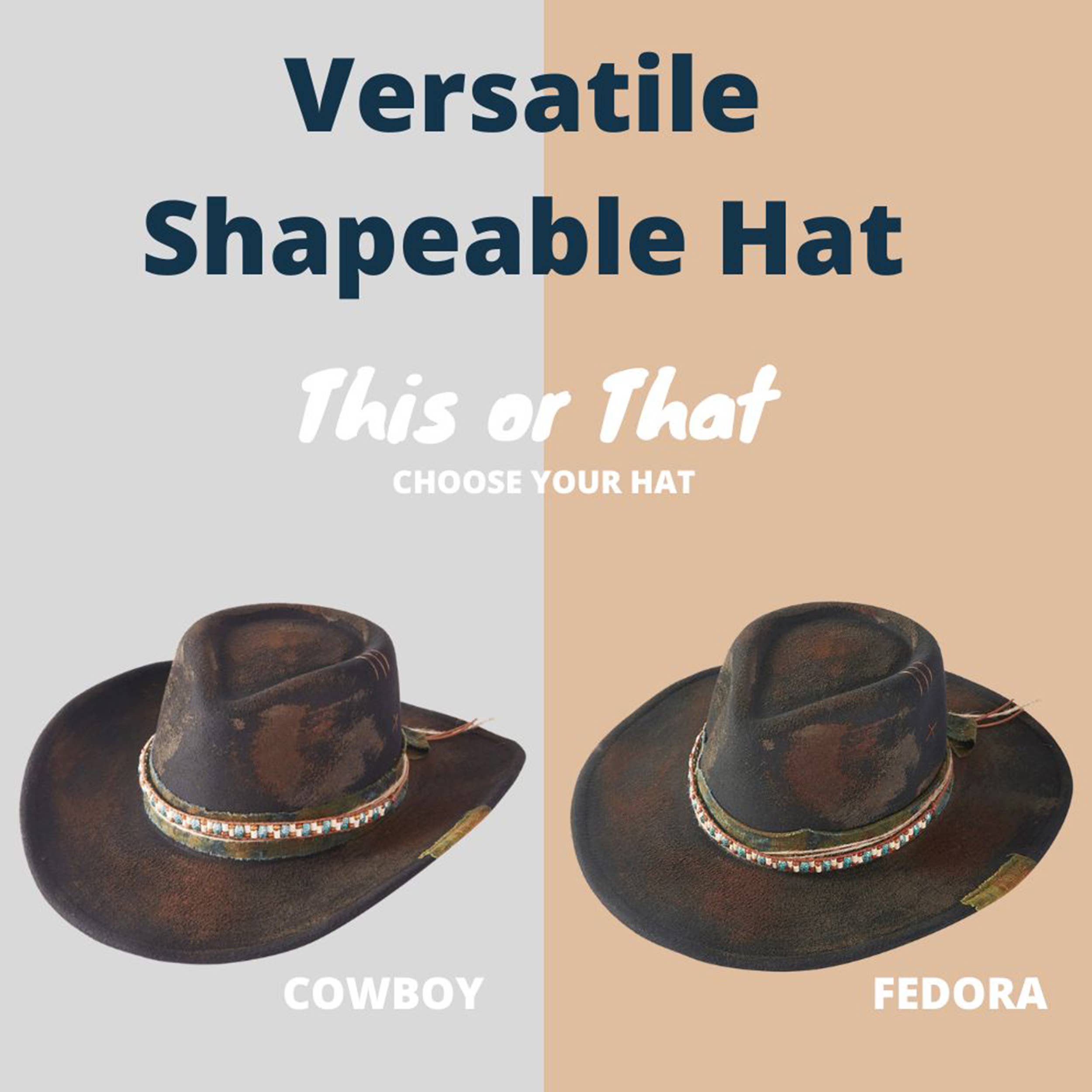 Distressed fabric band cowgirl fedora hat, shapeable with a rustic design, versatile for cowboy or fedora styles.