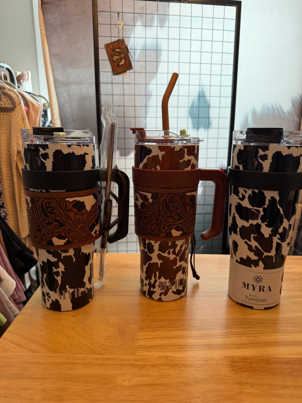 Myra Cow Print Tumbler with Leather Sleeve | Western Style