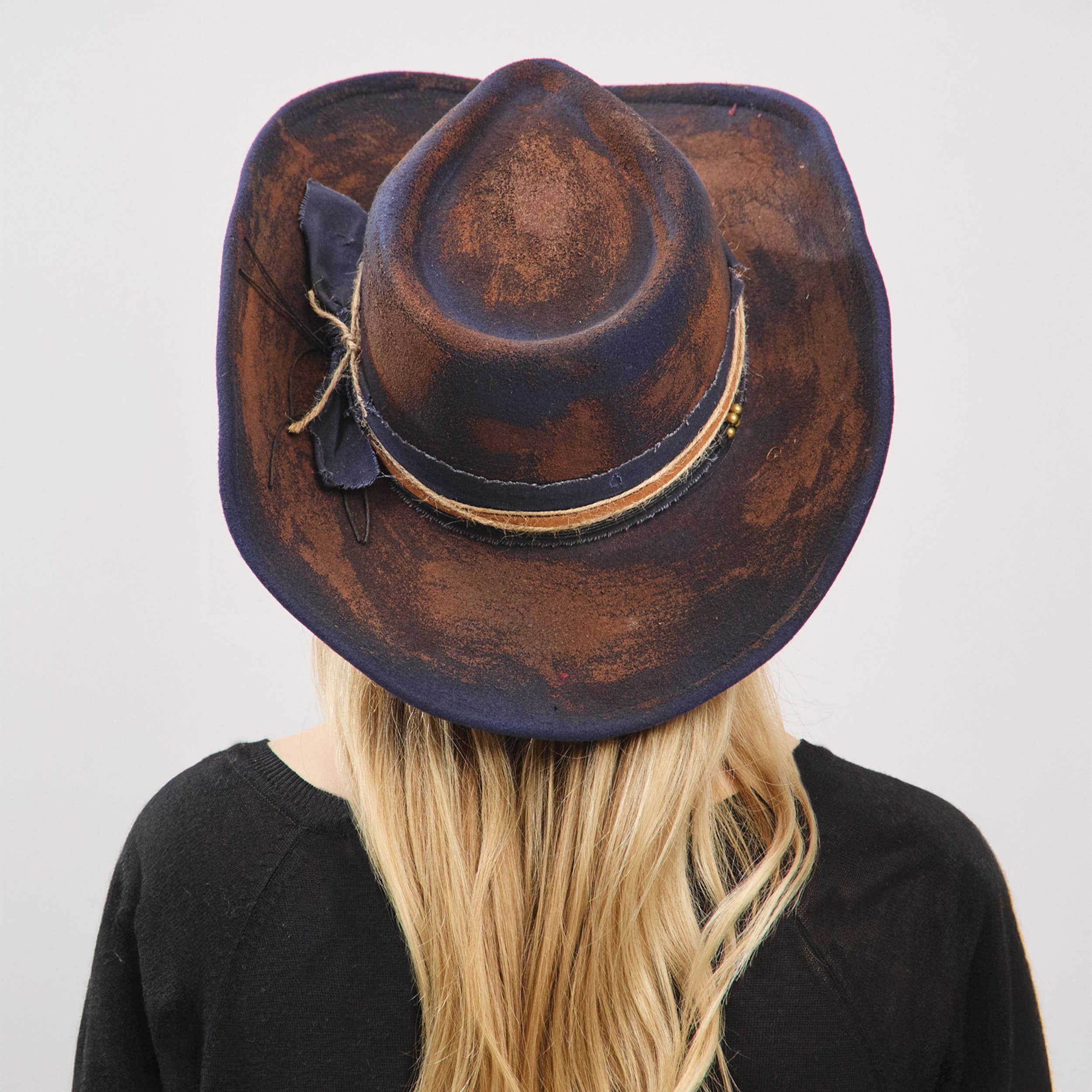 Distressed Fabric Multi Band Cowgirl Fedora Hat