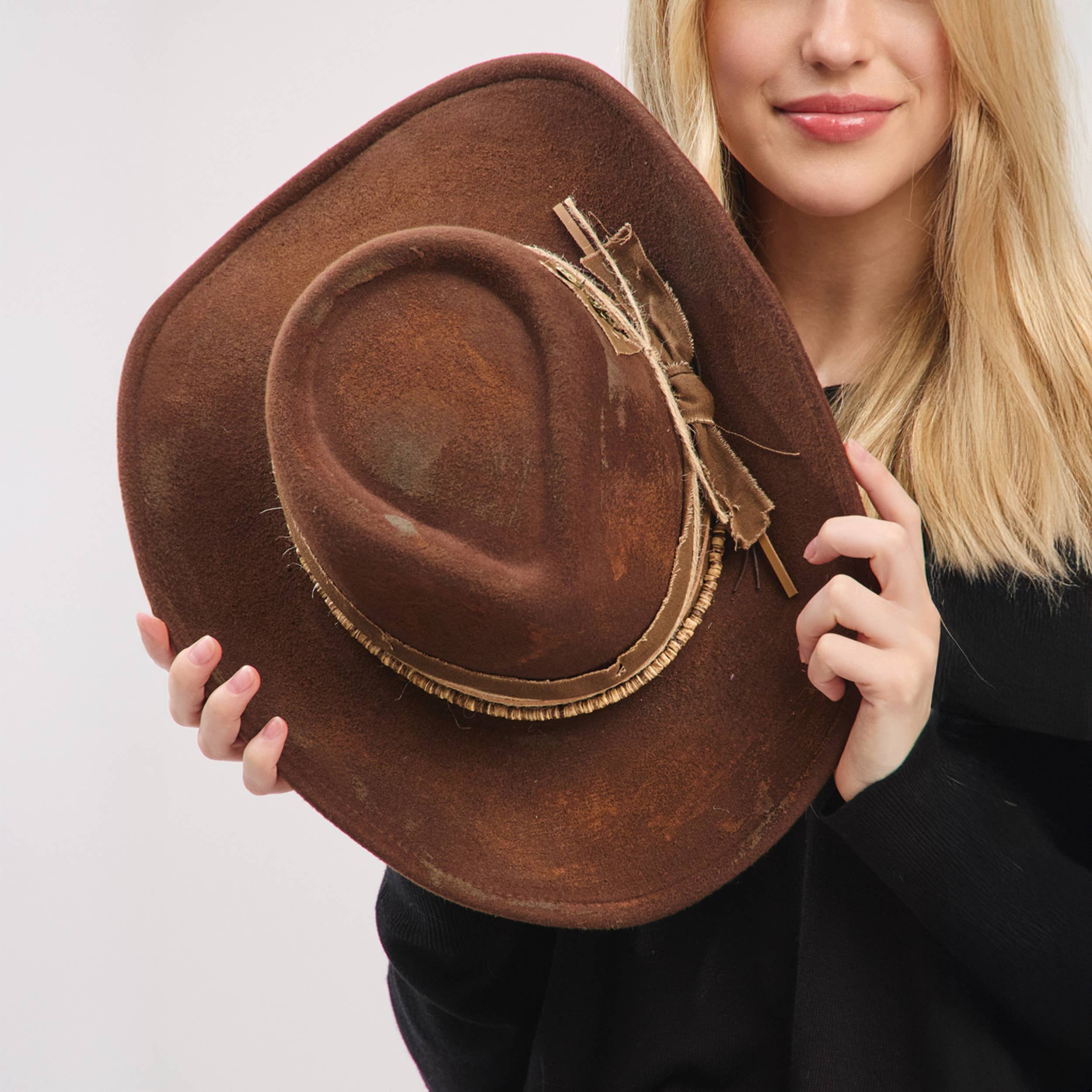 Distressed Fabric Band Rustic Cowgirl Fedora Hat