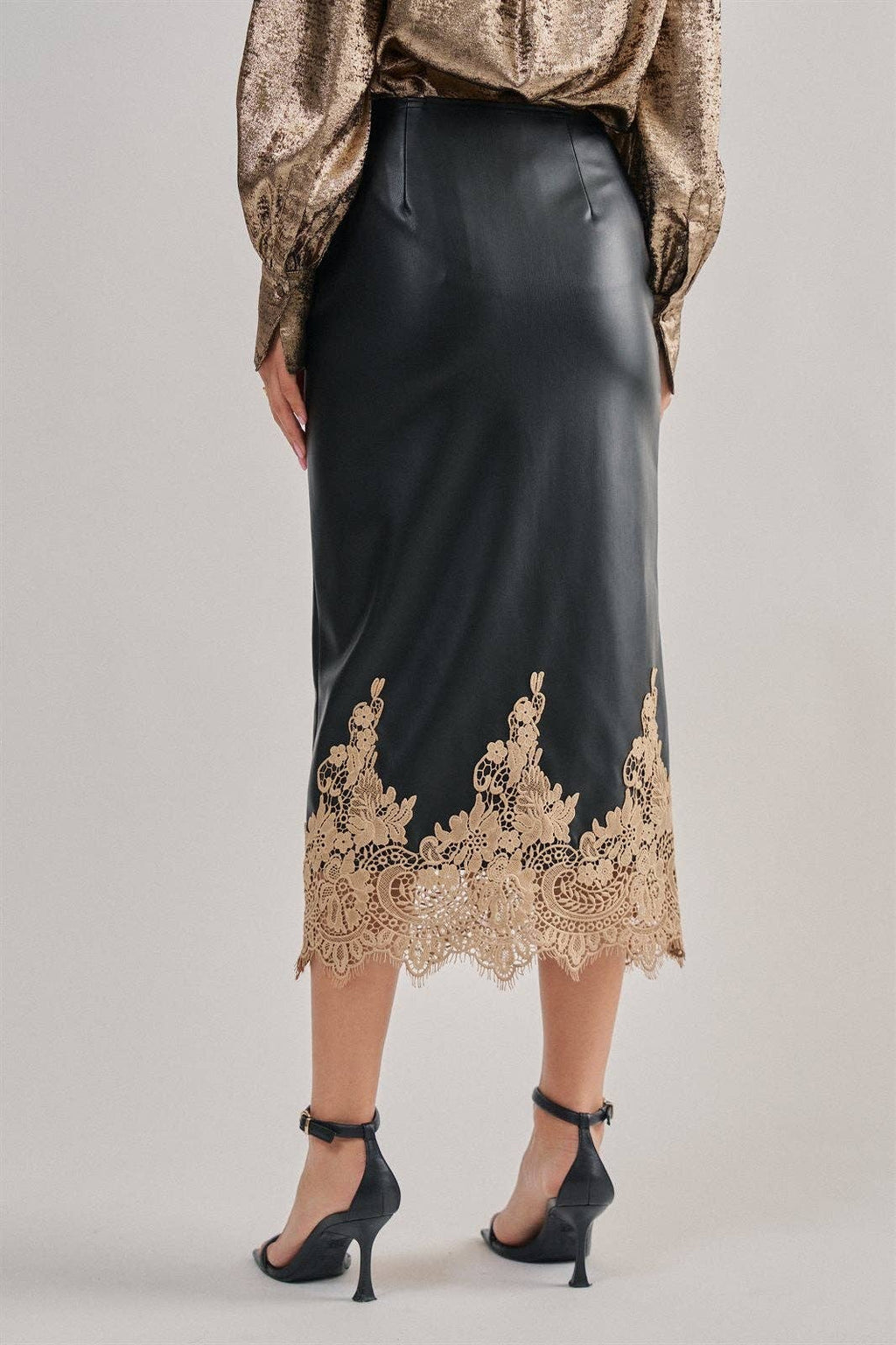 Boho Faux Leather Midi Skirt with Lace Hem (Preorder)