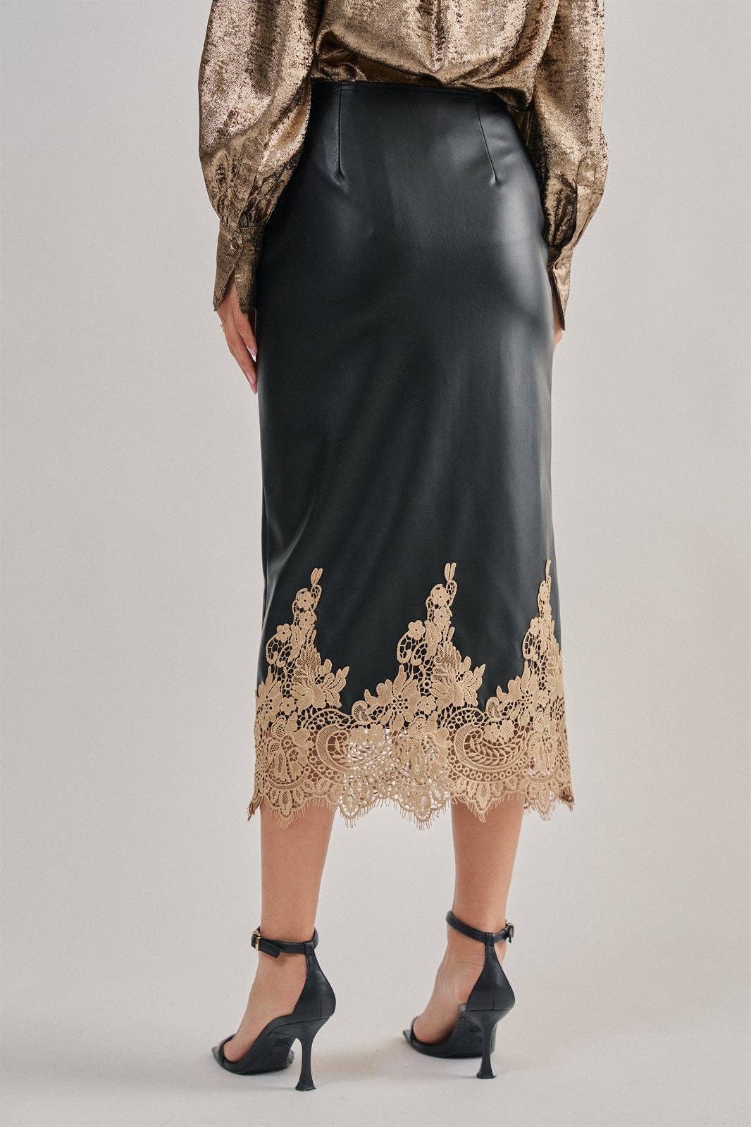 Boho Faux Leather Midi Skirt with Lace Hem (Preorder)