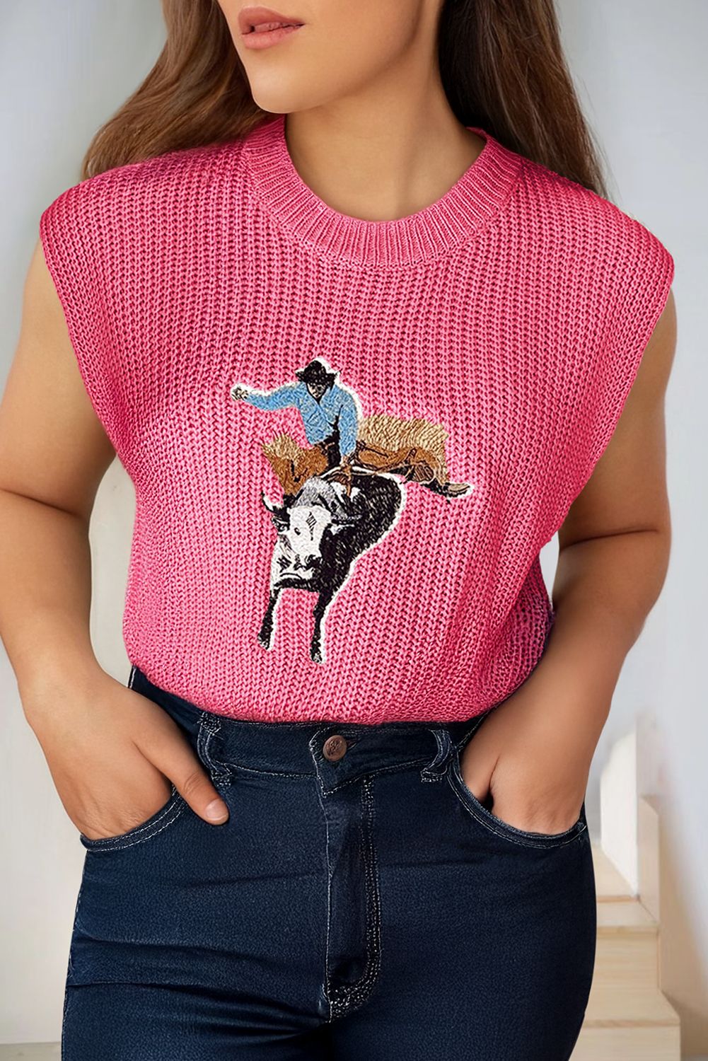 Western Embroidered Round Neck Sleeveless Sweater (S-XL)