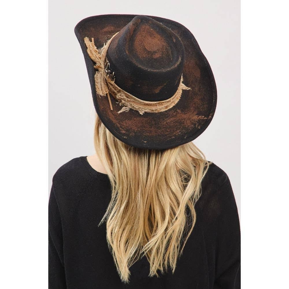 Distressed Cowgirl Fedora Hat with Feather & Fabric Band