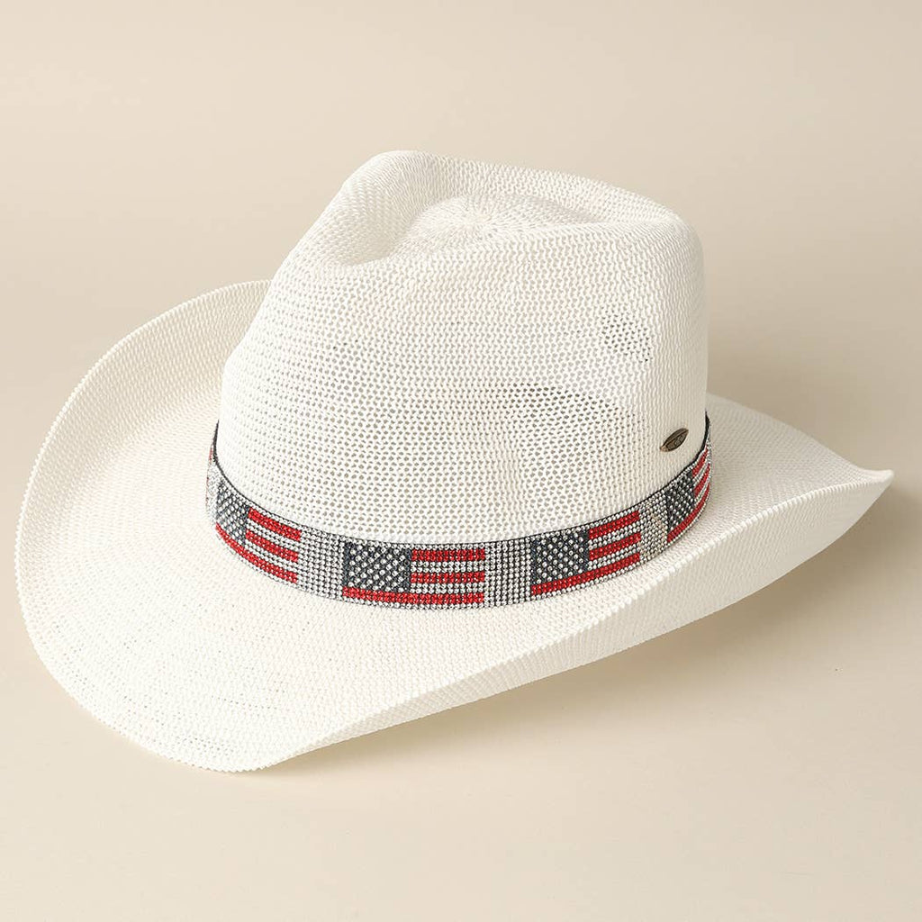 American Flag Rhinestone Band Straw Cowboy Adjustable Hat