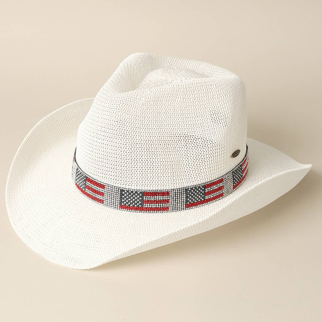 American Flag Rhinestone Band Straw Cowboy Adjustable Hat