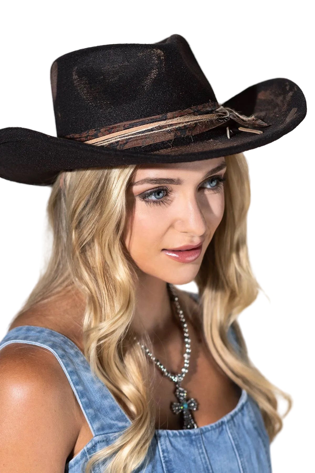 Vintage Shapeable Cowgirl & Fedora Hat - Distressed 2-in-1 Western Wide Brim Hat, One Size, Black