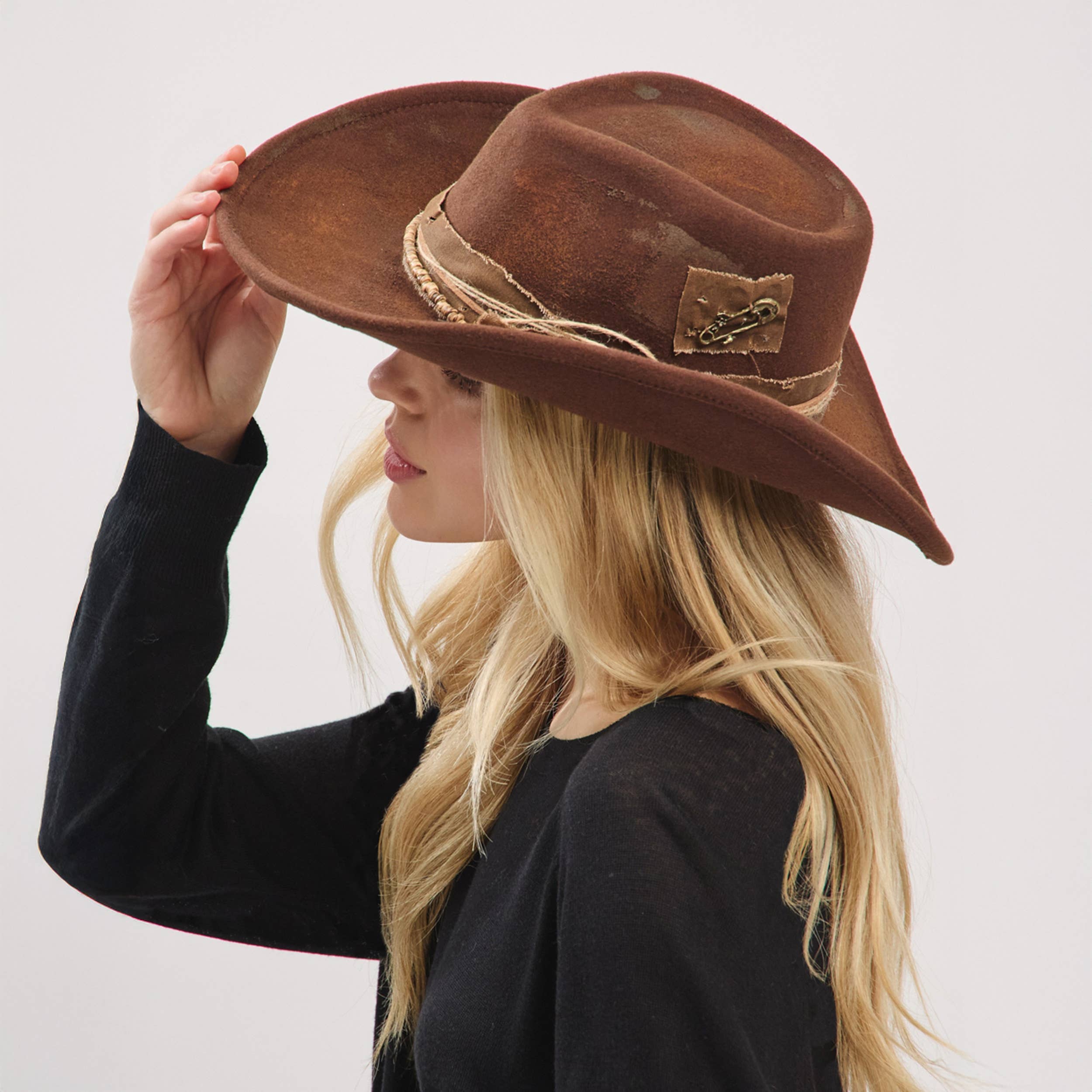 Distressed Fabric Band Rustic Cowgirl Fedora Hat