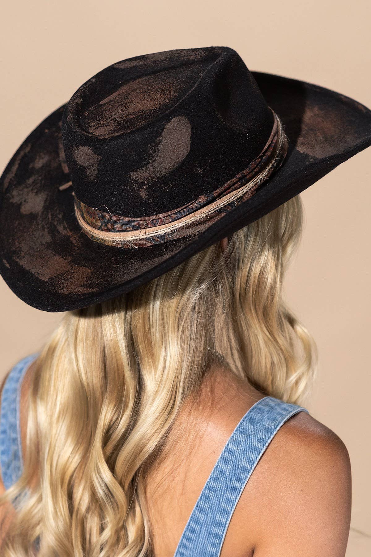 Vintage Shapeable Cowgirl & Fedora Hat - Distressed 2-in-1 Western Wide Brim Hat, One Size, Black
