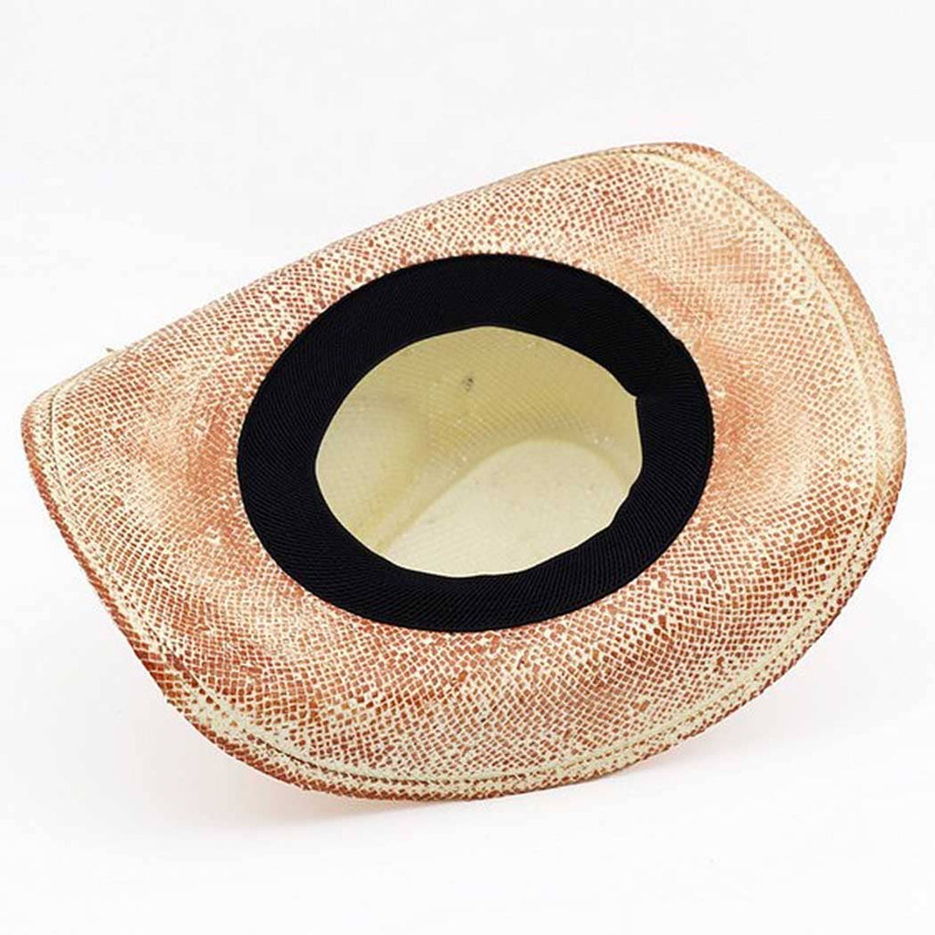 Handmade vintage cowboy hat featuring a textured, woven design in shades of orange and cream, with a black interior band.