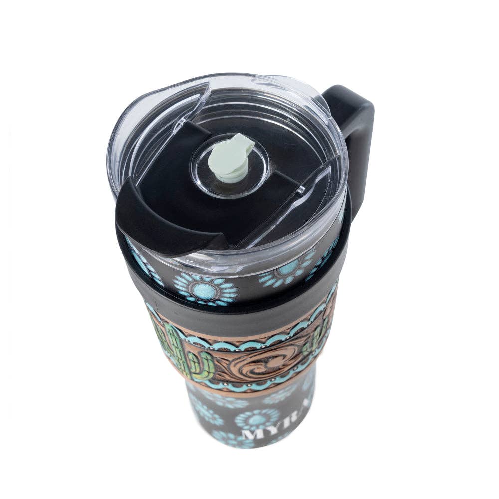 Myra Bags Concho Crest Western Tooled Waterr Bottle in Black Stainless Steel with Leather Wrap and Handle