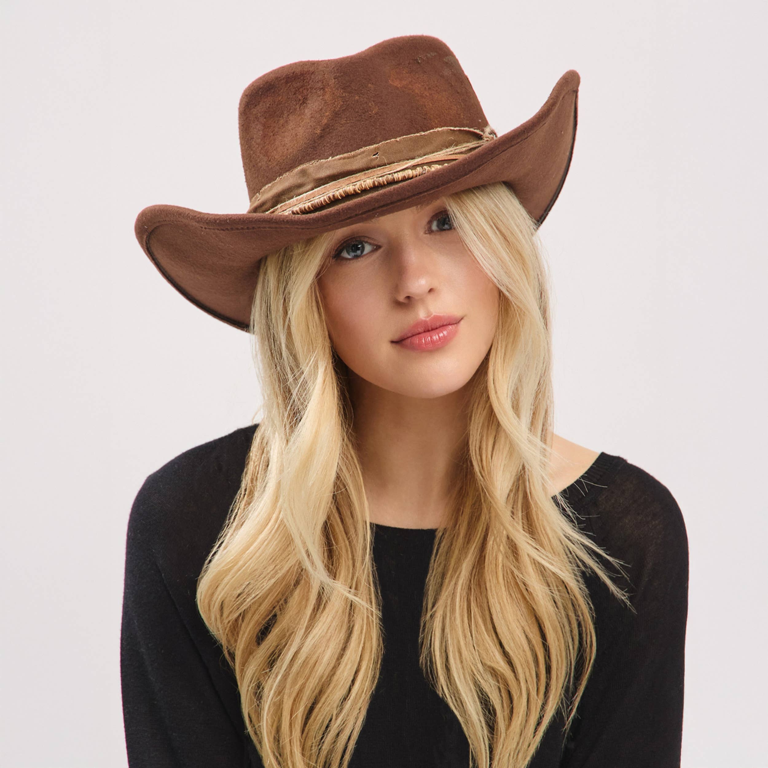 Distressed Fabric Band Rustic Cowgirl Fedora Hat