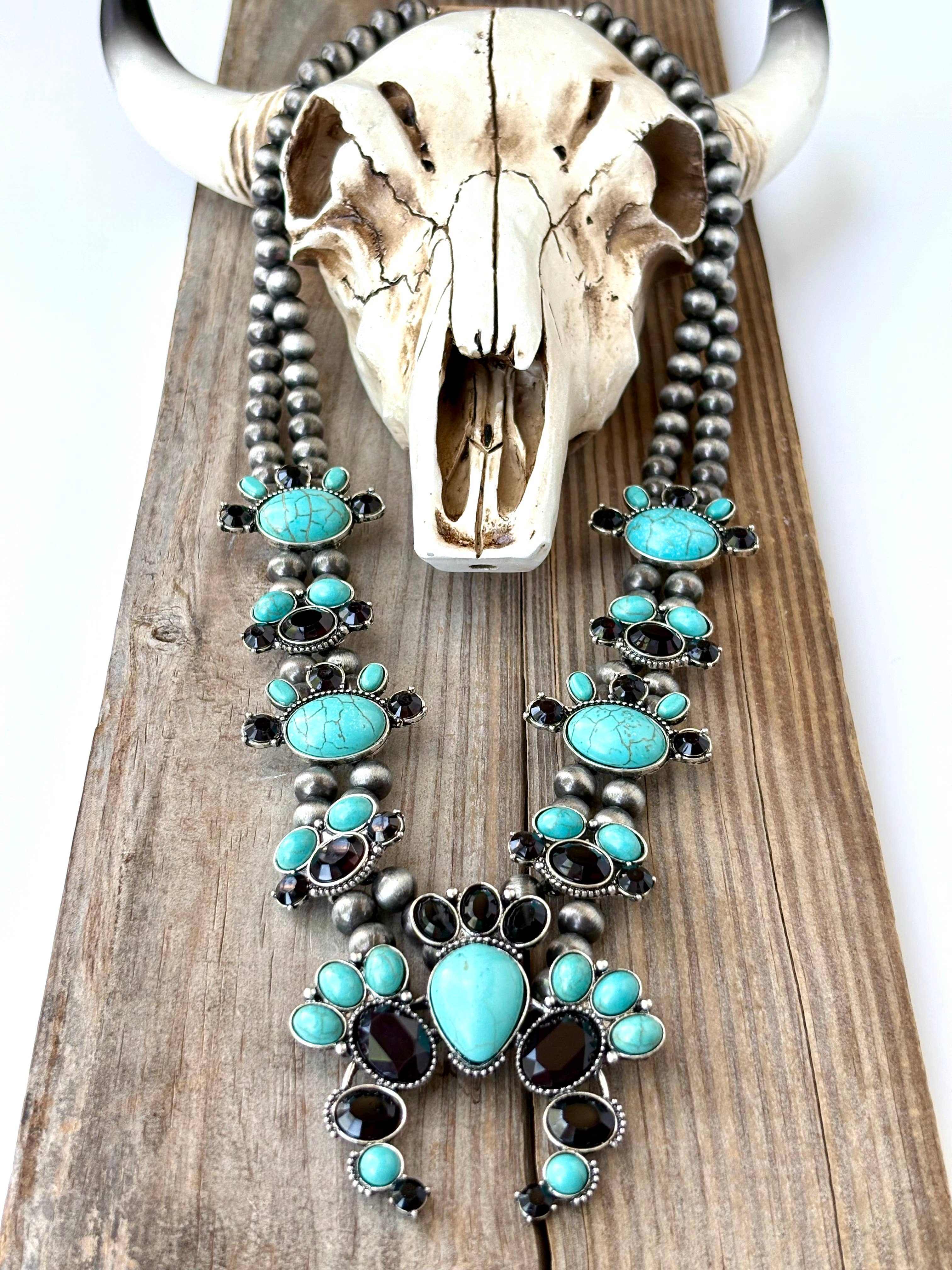 Western Squash Blossom Stone Pendant Navajo Pearl Necklace